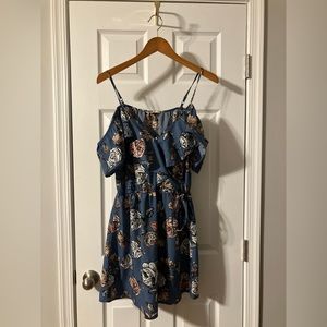 Hint of Blush Blue Floral Cold Shoulder Mini Dress, Size Large